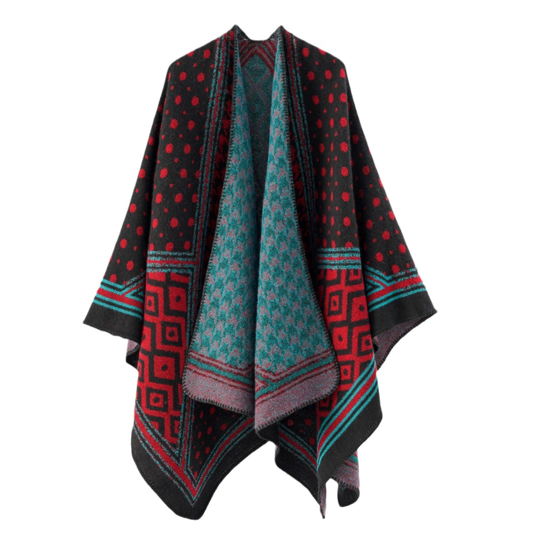 Damen Gewebter Jacquard‑Capeponcho mit Hahnentritt‑ und Ornamentmix Drune