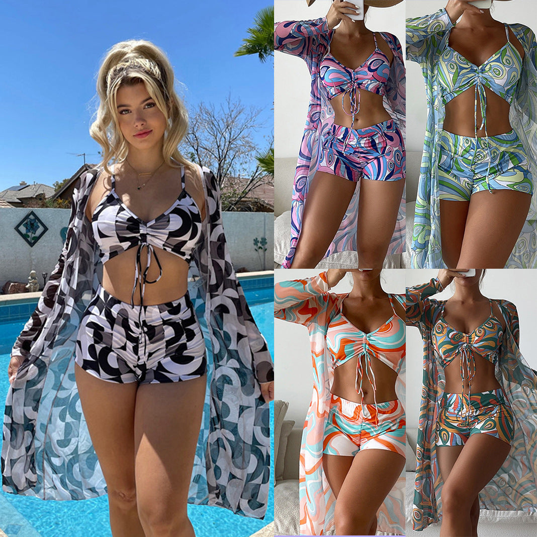 Damen Bikiniset mit schönem Bindeband und floralem Kimono Drune