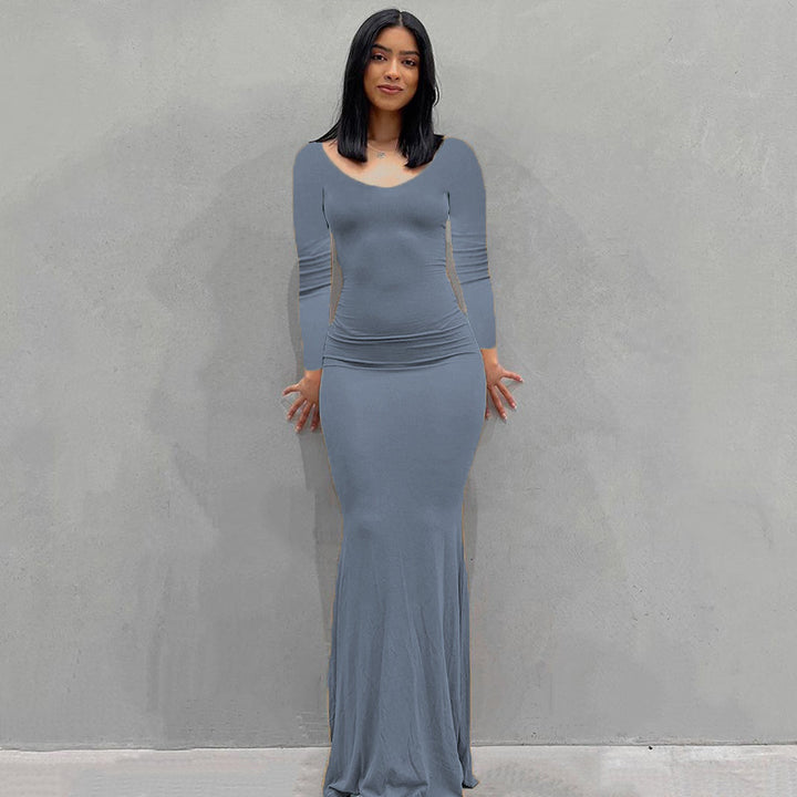 Damen Körperbetontes Maxi‑Jerseykleid mit taillierter Drapierung, langen Ärmeln und ausgestelltem Saum Drune