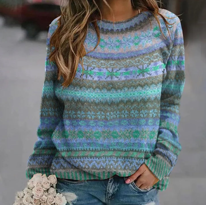 Damen gemusterter Strickpullover mit Rundhalsausschnitt, Fair Isle Muster und lässigem Oversized-Schnitt Drune