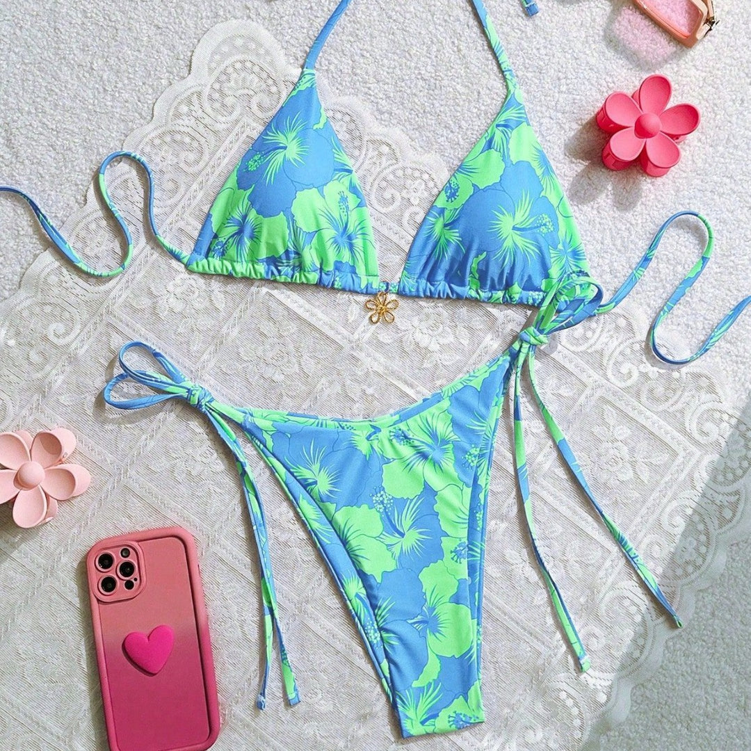 Damen Triangel-Bikini mit floralen Akzenten und raffinierten Bindebändern Drune