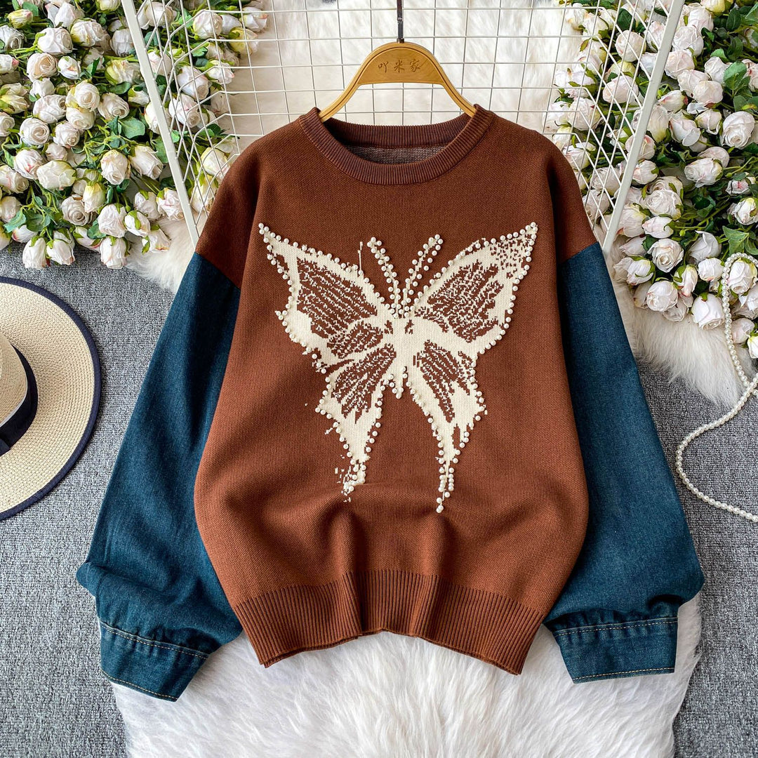 Damen Eleganter Pullover mit Schmetterlingsmotiv und Denim-Ärmeln Drune