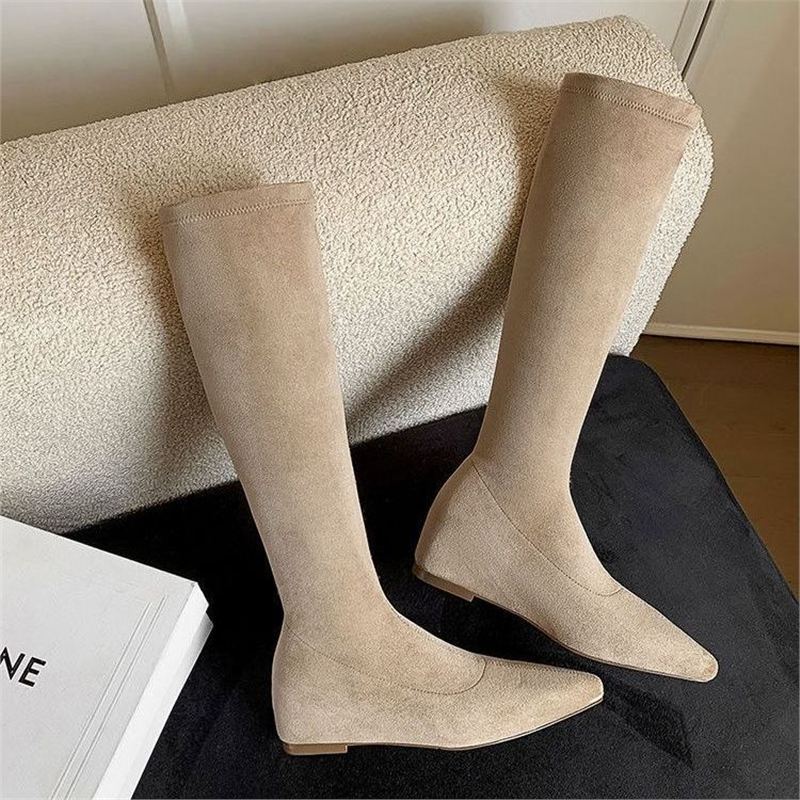 Damen Kniehohe Stretch‑Stiefel mit spitzer Zehenpartie und integriertem Keilabsatz Drune