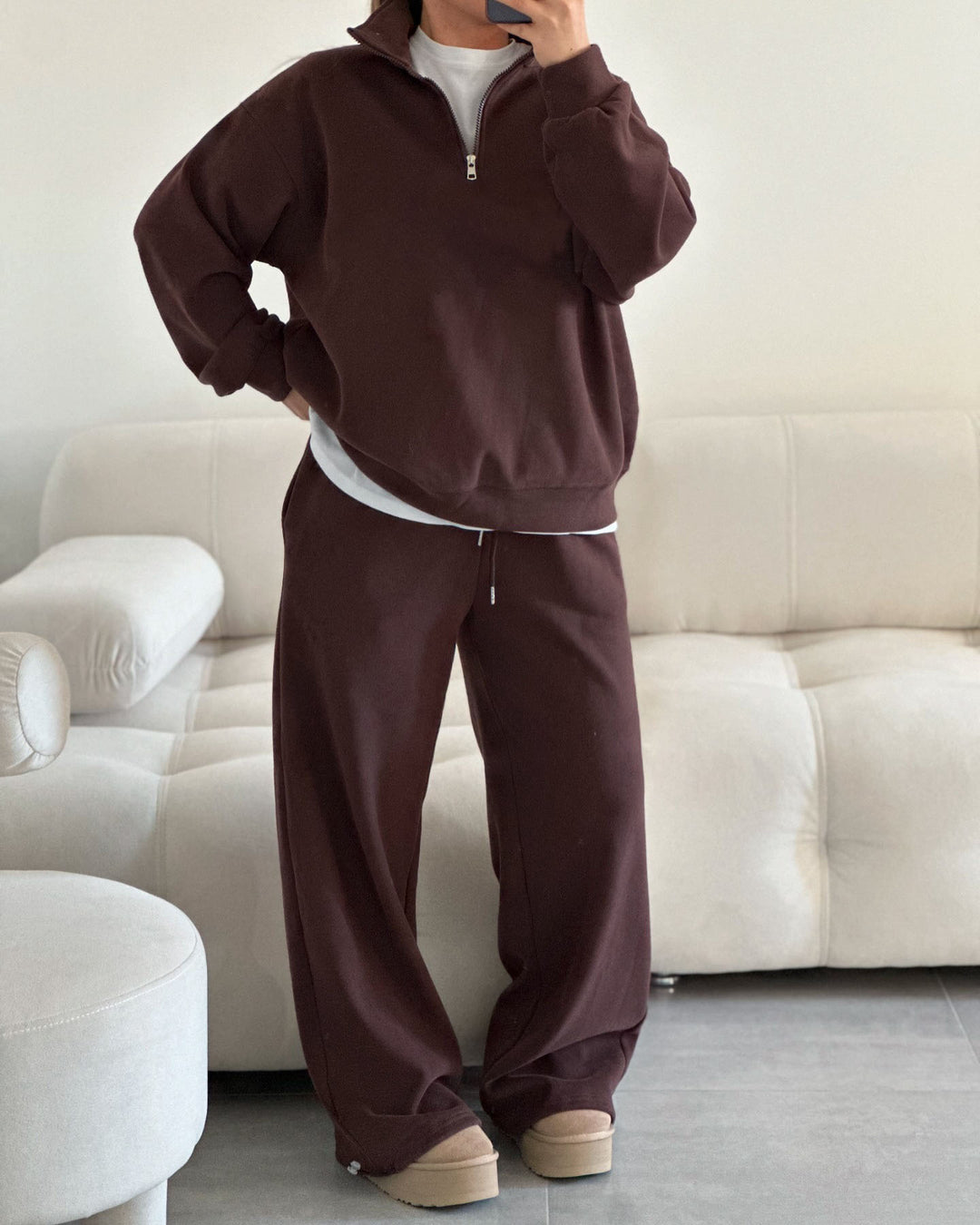 Damen Oversize Sweatshirt mit Halbzip und hohem Stehkragen Drune