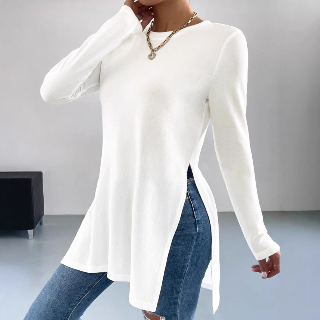 Damen Langes Feinstrick-Tunika-Shirt mit Seitenschlitzen und gerundetem Saum Drune