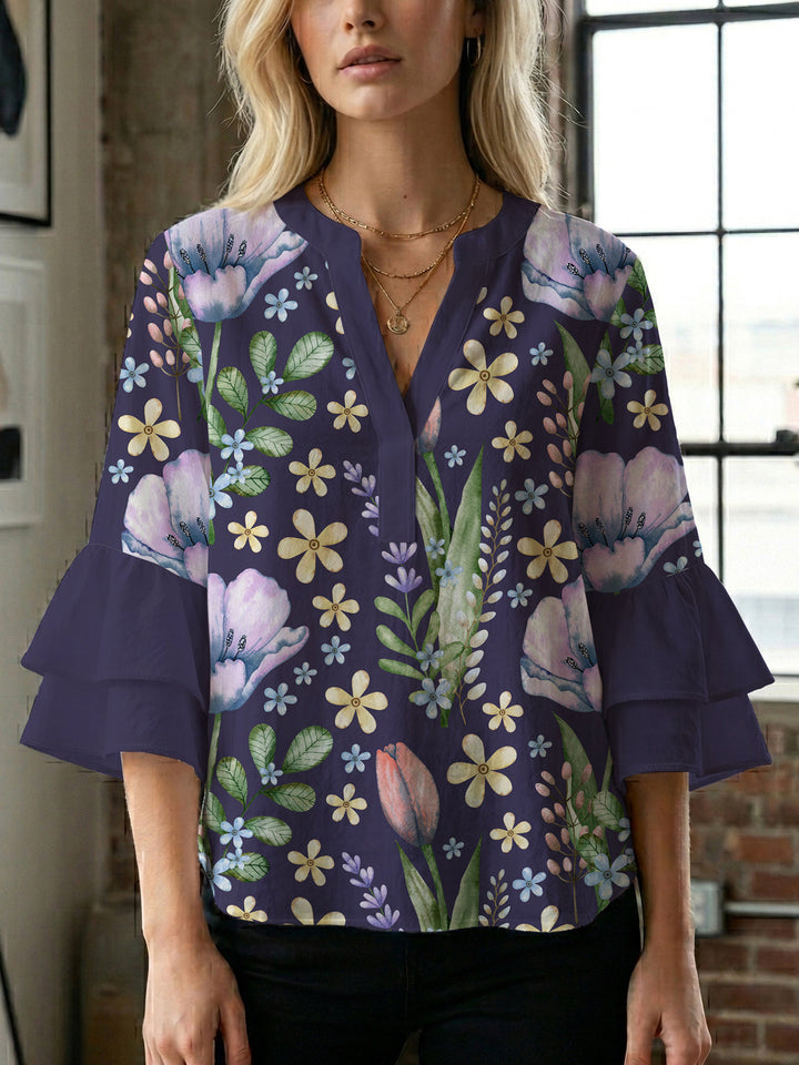 Damen Bluse mit voluminösen Ärmeln und floralem Design Drune