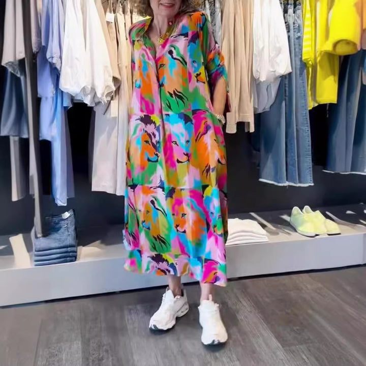 Damen nan Hemdblusen-Maxikleid mit Pop‑Art-Löwenprint, Knopfleiste und Eingrifftaschen Drune