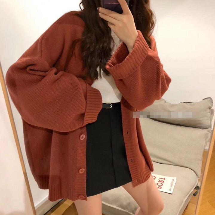 Damen lässiger Strickcardigan mit voluminösen Ärmeln und Knopfleiste Drune