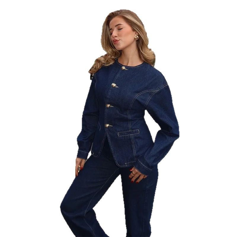 Damen Elegante Jeansjacke mit goldenen Knöpfen und tailliertem Schnitt Drune