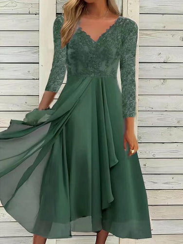 Damen nan Spitzenoberteil-Midikleid mit V-Ausschnitt, mehrlagigem Chiffonrock und halblangen Ärmeln Drune