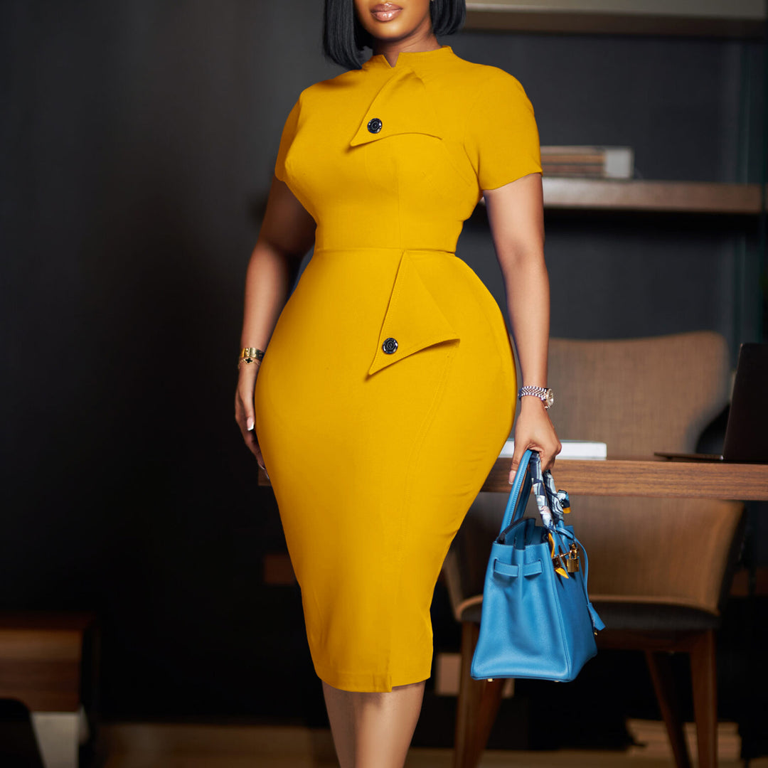 Damen figurbetontes Midi-Kleid mit innovativer Knopfdetails Drune