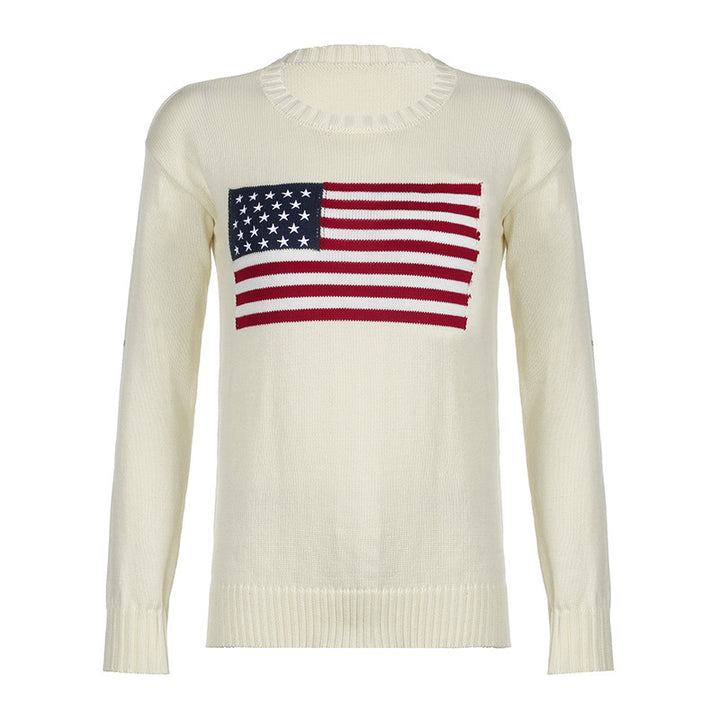 Damen Kuscheliger Baumwollmix-Strickpullover mit Rundhals und eingestrickter Flaggenapplikation Drune
