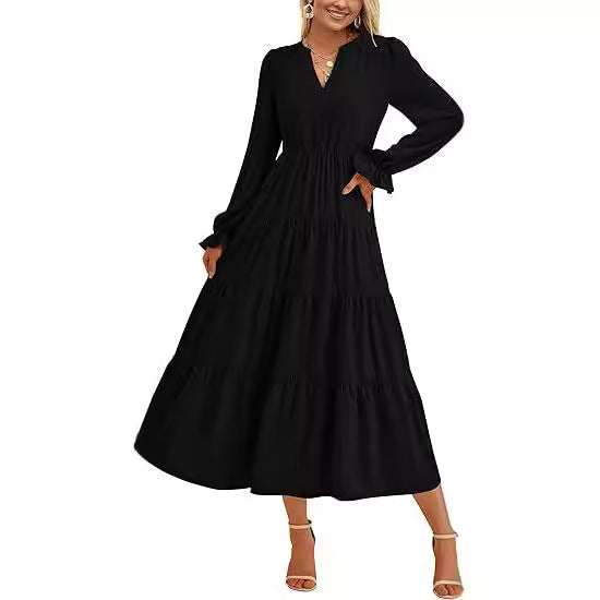 Damen Stufiges Midikleid mit V-Ausschnitt, geraffter Taillennaht und Rüschenmanschetten Drune