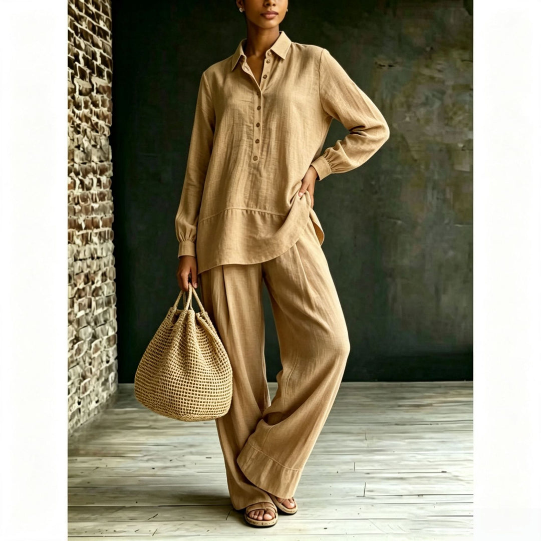 Damen Tunika-Hose Set aus Leinenoptik mit Hemdkragen und weitem Schnitt Drune