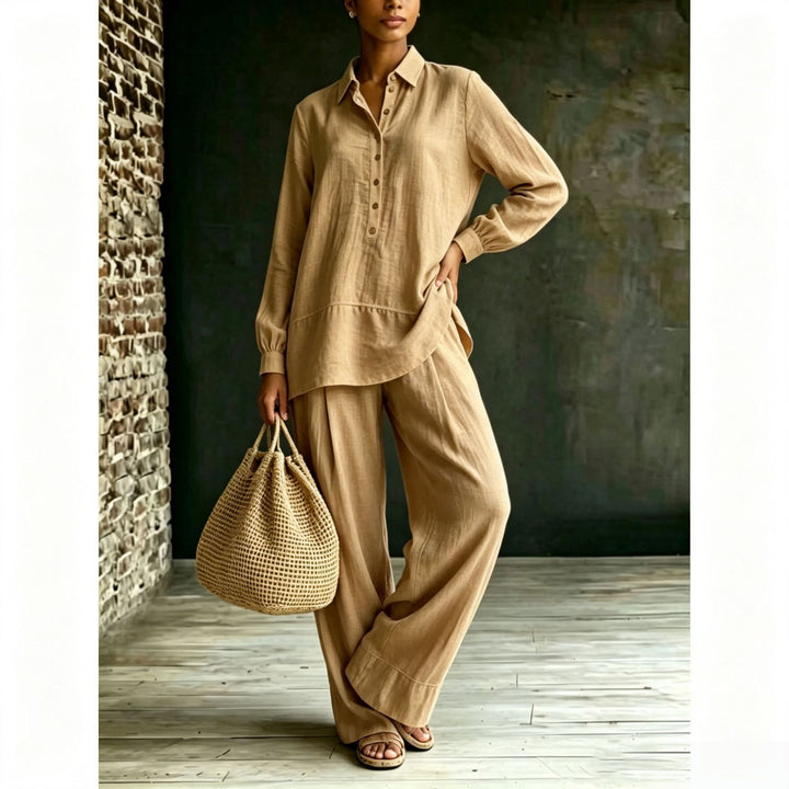 Damen Tunika-Hose Set aus Leinenoptik mit Hemdkragen und weitem Schnitt Drune