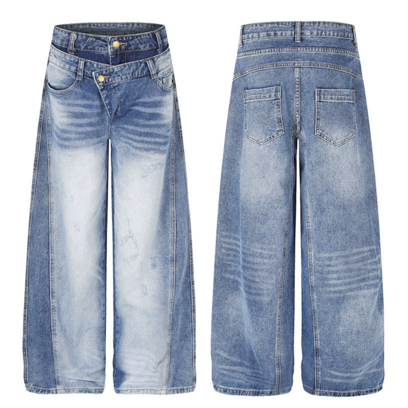 Damen Jeanshose mit weitem Culotte‑Schnitt, asymmetrischem Doppelbund und Kontrast-Seitenbahnen Drune