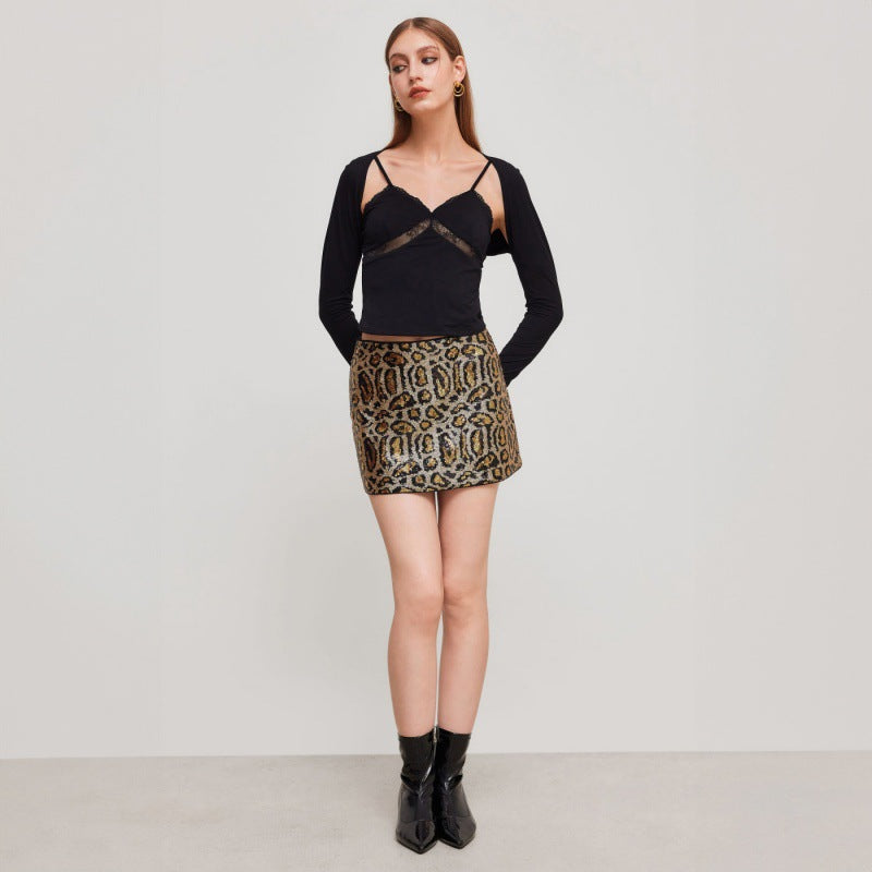 Damen Glitzernder Minirock mit Leopardenmuster und Paillettenbesatz Drune