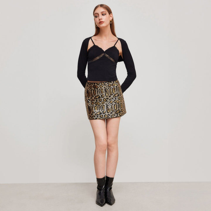 Damen Glitzernder Minirock mit Leopardenmuster und Paillettenbesatz Drune
