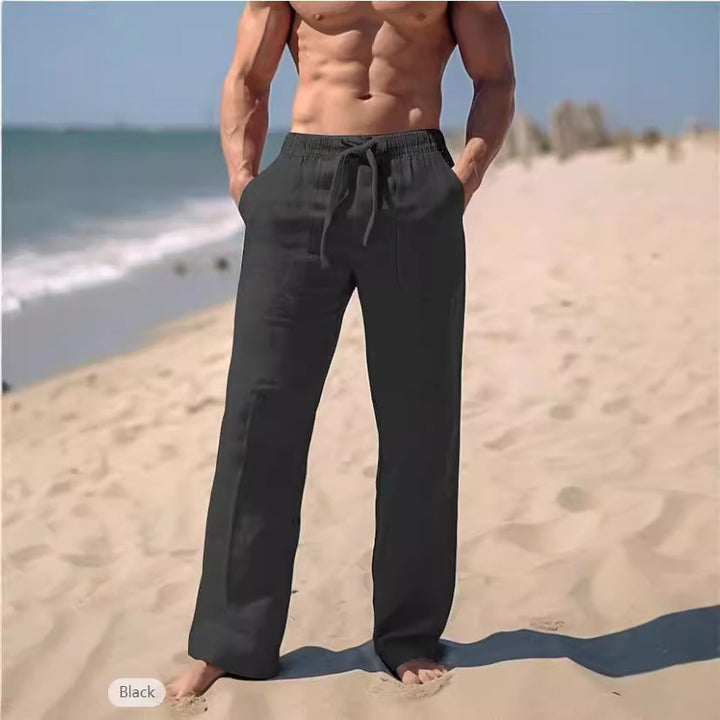Herren gerade geschnittene Leinen-Loungehose mit Kordelzug, tiefen Eingrifftaschen und atmungsaktiver Struktur Drune