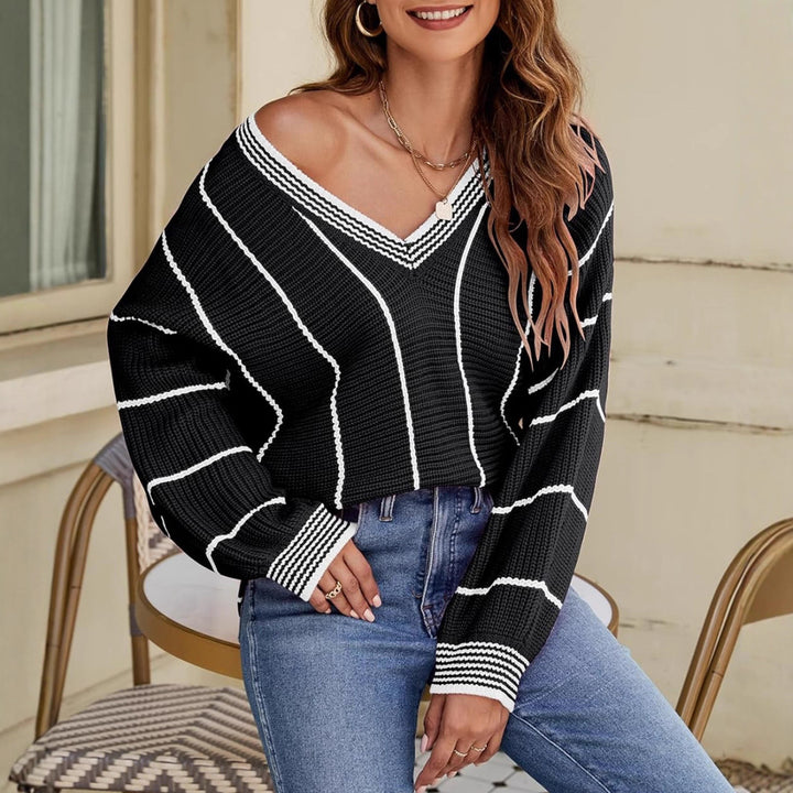 Damen Cropped Strickpullover mit V-Ausschnitt, Waffelstruktur und kontrastierenden Streifen Drune