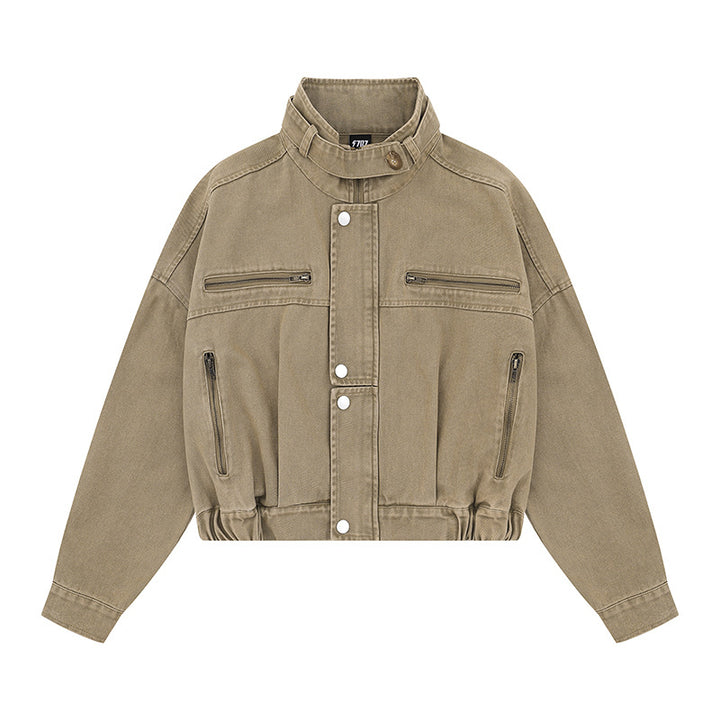Damen Cropped Utility-Bomberjacke mit Stehkragen, Reißverschlusstaschen und Elastbund Drune