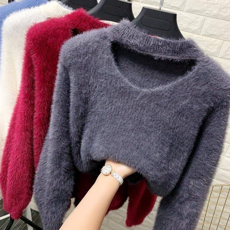 Damen kuscheliger V-Ausschnitt Pullover mit hohem Kragen Drune