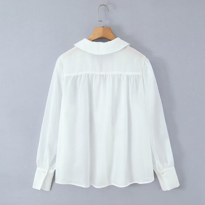 Damen elegante Chiffonbluse mit raffinierten Puffärmeln und edlem Kragen Drune