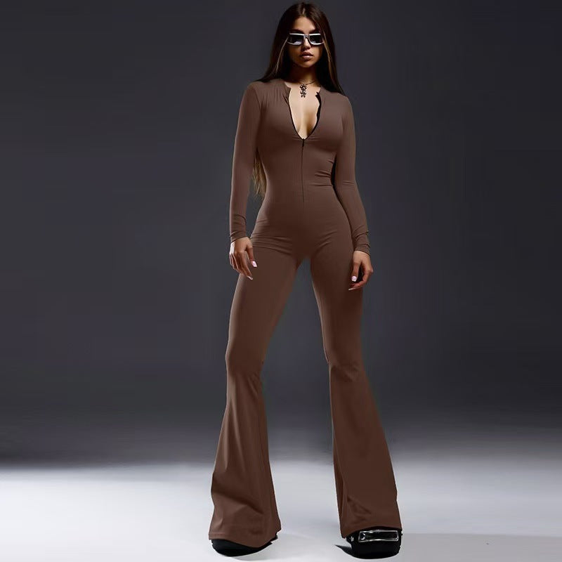 Damen Figurbetonter Jumpsuit mit tiefem V-Ausschnitt und ausgestellten Beinen Drune