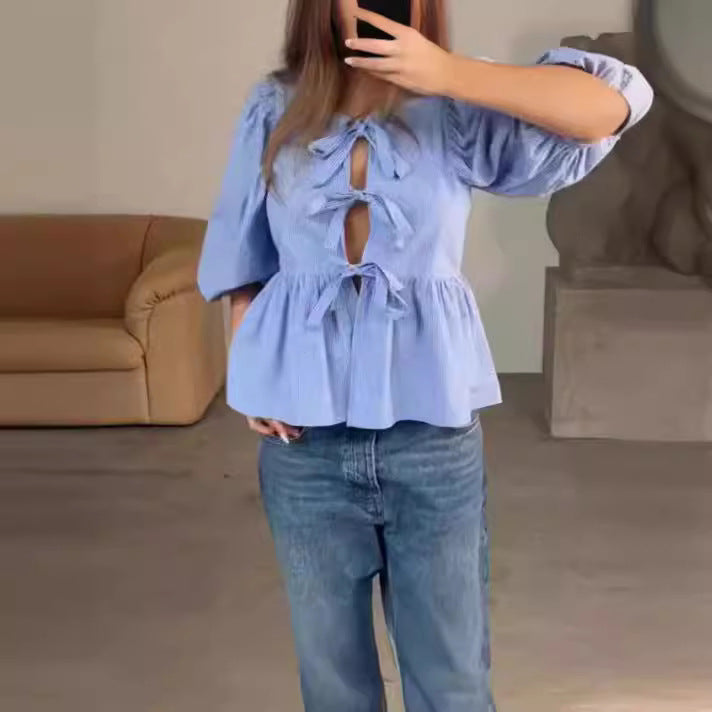 Damen Bluse mit raffinierten Schleifen und voluminösen Ärmeln Drune