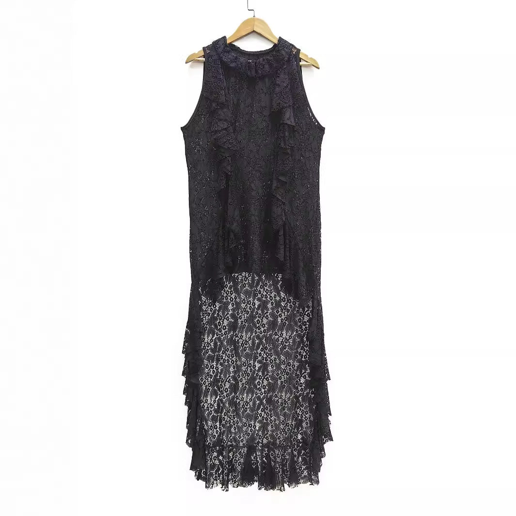 Damen elegantes Spitzenkleid mit Rüschendetails Drune