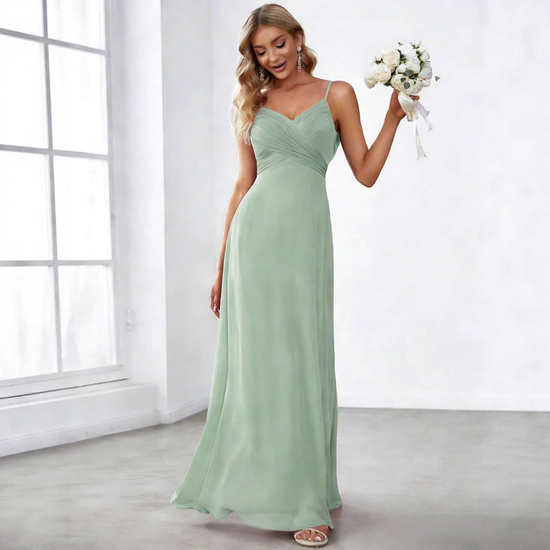 Damen nan fließendes Chiffon-Abendkleid mit überkreuzter Drapage, Empire-Taille und feinen Spaghettiträgern Drune