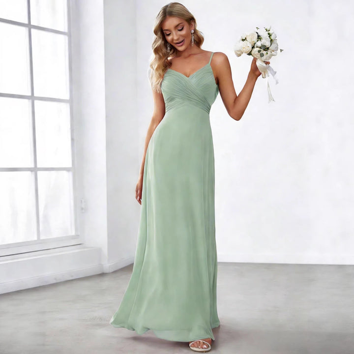 Damen nan fließendes Chiffon-Abendkleid mit überkreuzter Drapage, Empire-Taille und feinen Spaghettiträgern Drune
