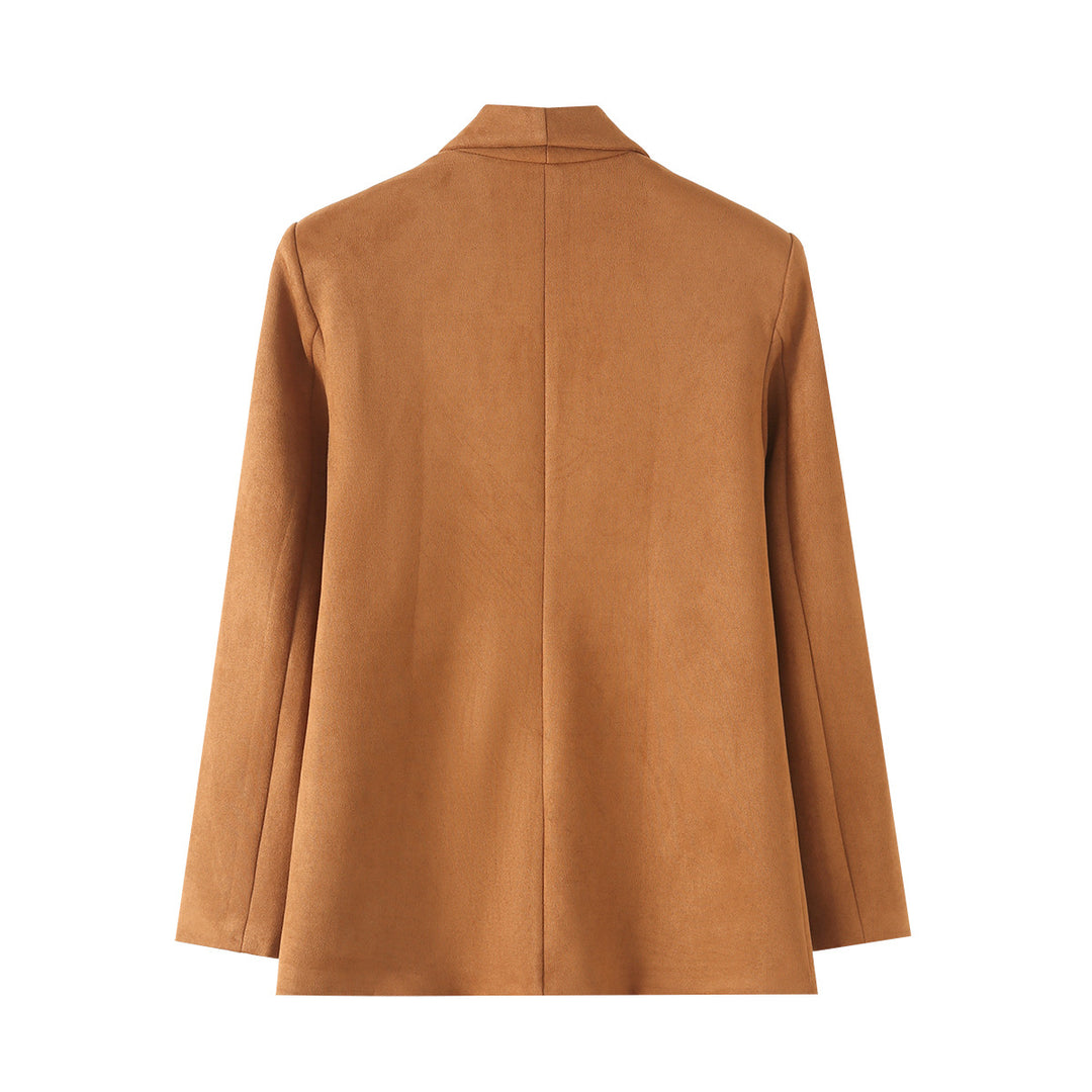 Damen nan lang geschnittener Blazer im Wildleder‑Imitat mit weichem Schalkragen und paspelierten Leistentaschen Drune