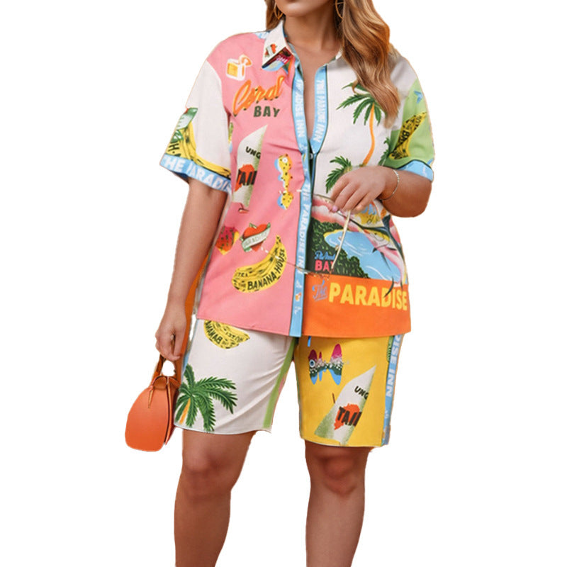 Damen Trendiges Kurzarm-Set im sommerlichen Grafikdesign Drune