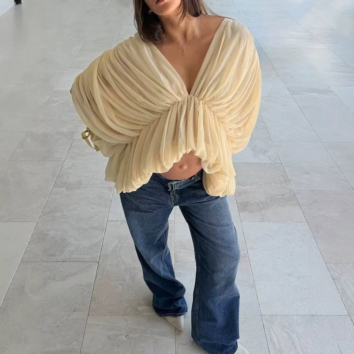 Damen Drapiertes Chiffon-Top mit V-Ausschnitt und voluminösen Fledermausärmeln Drune