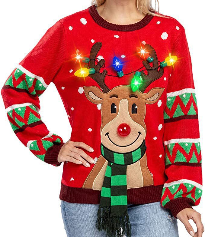 Damen nan weihnachtlicher Strickpullover mit Rentierapplikation integrierter Lichterkette und dreidimensionalem Nasenpompom Drune