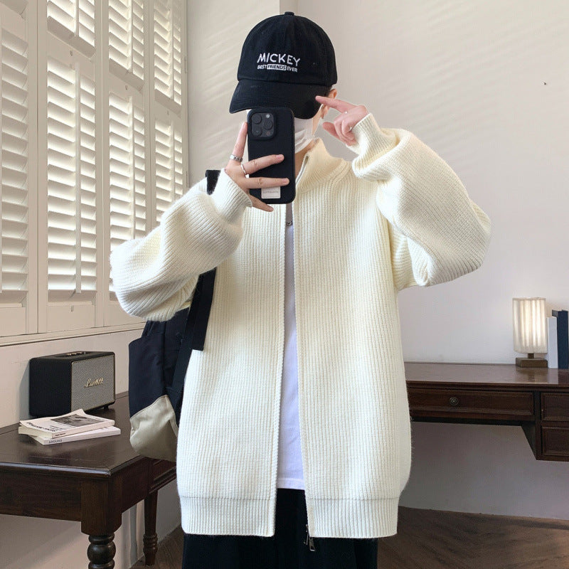 Herren Oversized Strick‑Zipjacke mit hohem Stehkragen und feiner Rippstruktur Drune