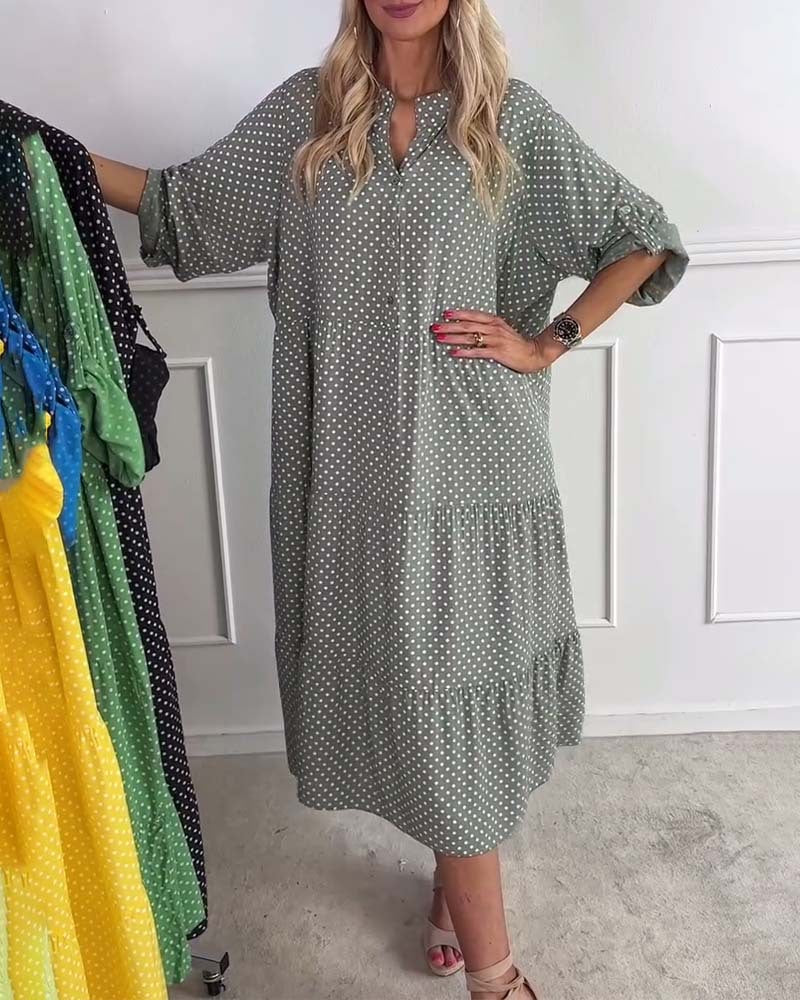 Damen nan leichtes fließendes Midikleid mit Pünktchenmuster, Stufenrock und krempelbaren Ärmeln Drune