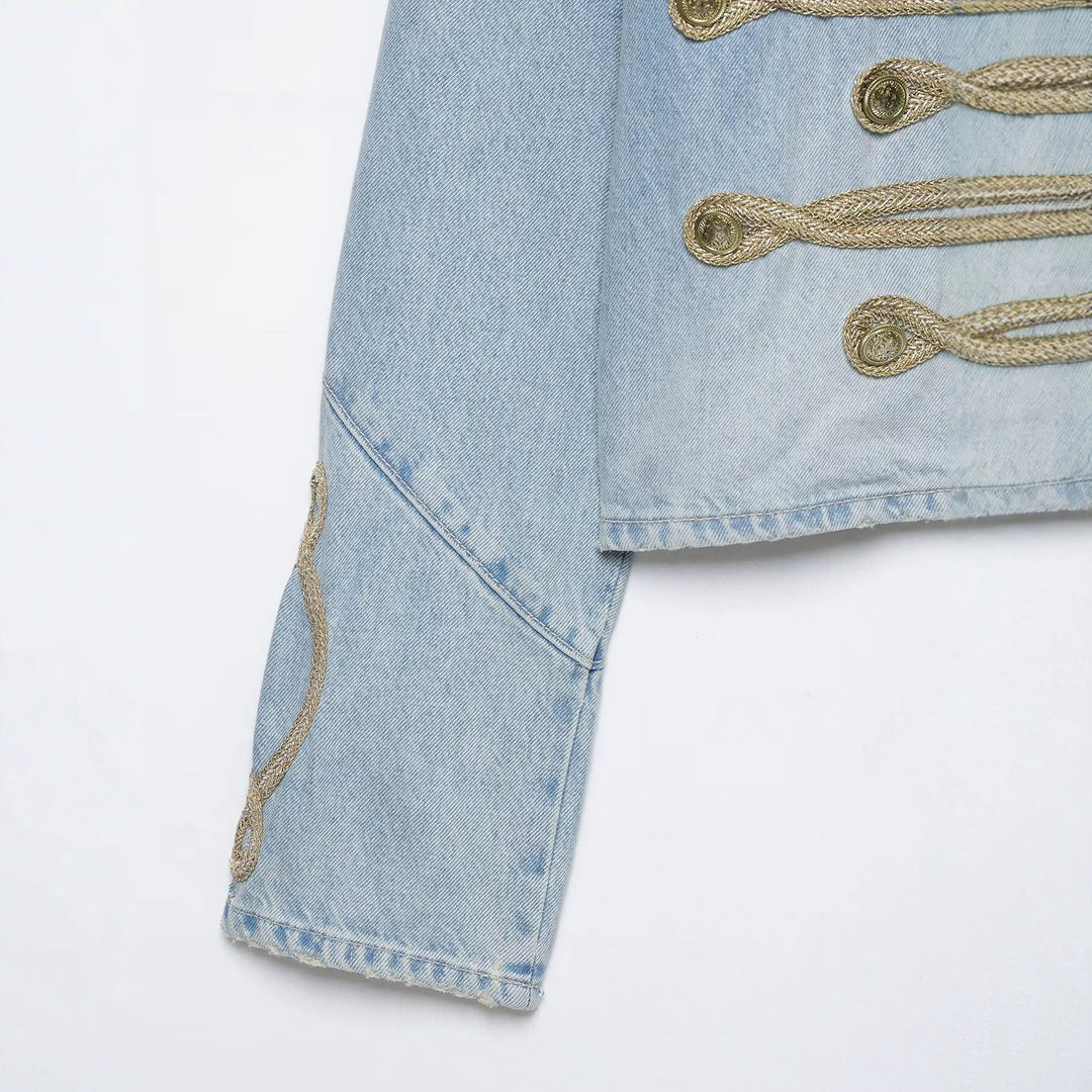 Damen Kurzer Denim-Militärblouson mit dekorativen Kordeln und Stehkragen Drune