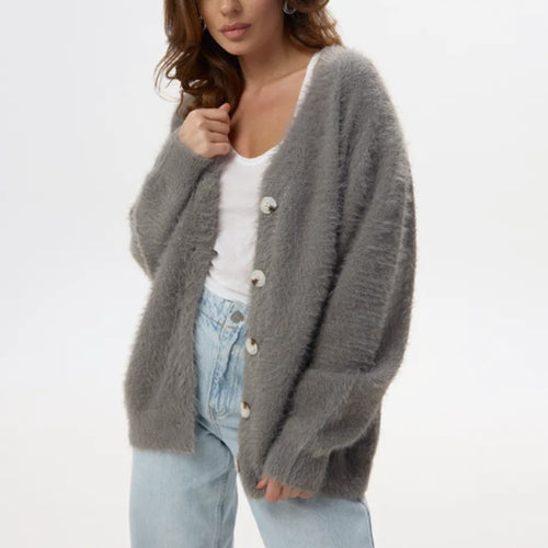 Damen Flauschiger Mohair‑Optik Knopfcardigan mit überschnittener Schulter und Perlmuttknöpfen Drune