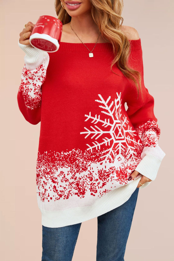 Damen festlicher Weihnachts-Pullover mit elegantem Schneeflocken-Motiv und Off-Shoulder Design Drune