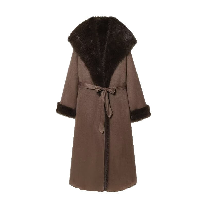 Damen Langer Lammfellimitat-Mantel mit Kapuze, Bindegürtel und Faux‑Fur‑Besatz Drune