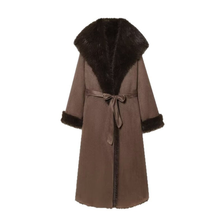 Damen Langer Lammfellimitat-Mantel mit Kapuze, Bindegürtel und Faux‑Fur‑Besatz Drune