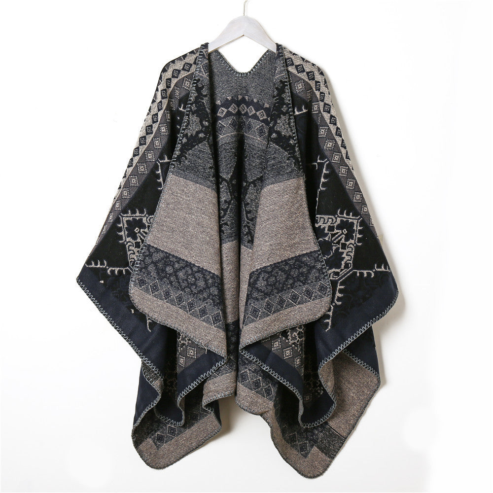 Damen Wollmix-Jacquard-Capeponcho im Ethno-Look mit dekorativer Ziernaht Drune