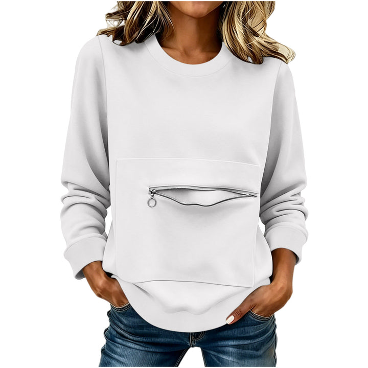 Damen nan locker geschnittenes Sweatshirt mit Frontreißverschlusstasche und Rundhalsausschnitt Drune