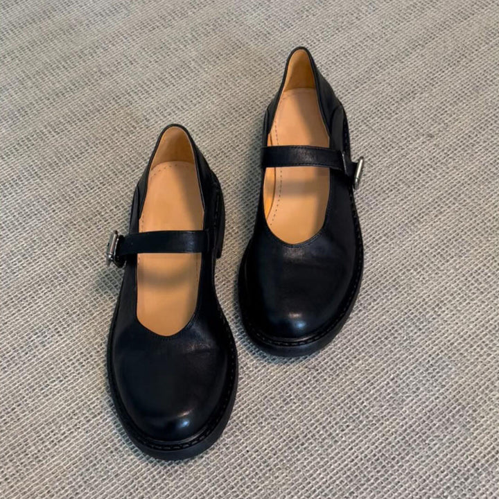 Damen Klassische Leder Mary Jane Ballerinas mit Verstellbarem Schnalle Drune