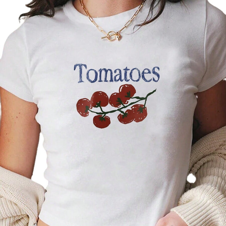 Damen Crop-T-Shirt mit kreativem Tomatenmotiv Drune