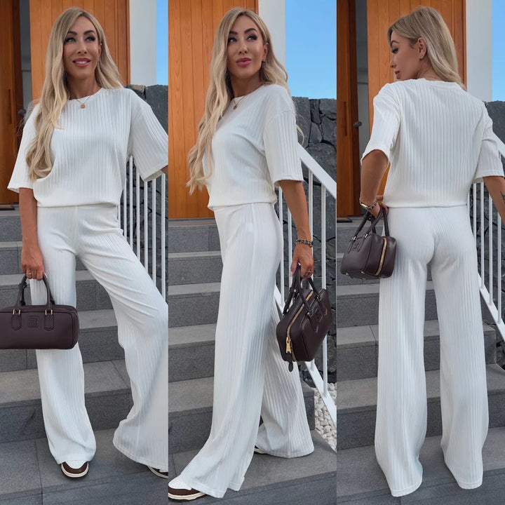 Damen weiches geripptes Lounge-Set mit Oversize-Viskoseshirt und High-Waist Schlaghose Drune