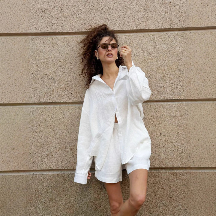 Damen lässiges Leinen Set mit lockerer Bluse und Shorts Drune