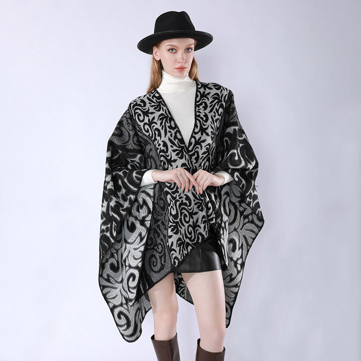 Damen Oversize-Kimono-Poncho im Jacquardstrick mit ornamentalem Muster und V-Ausschnitt Drune